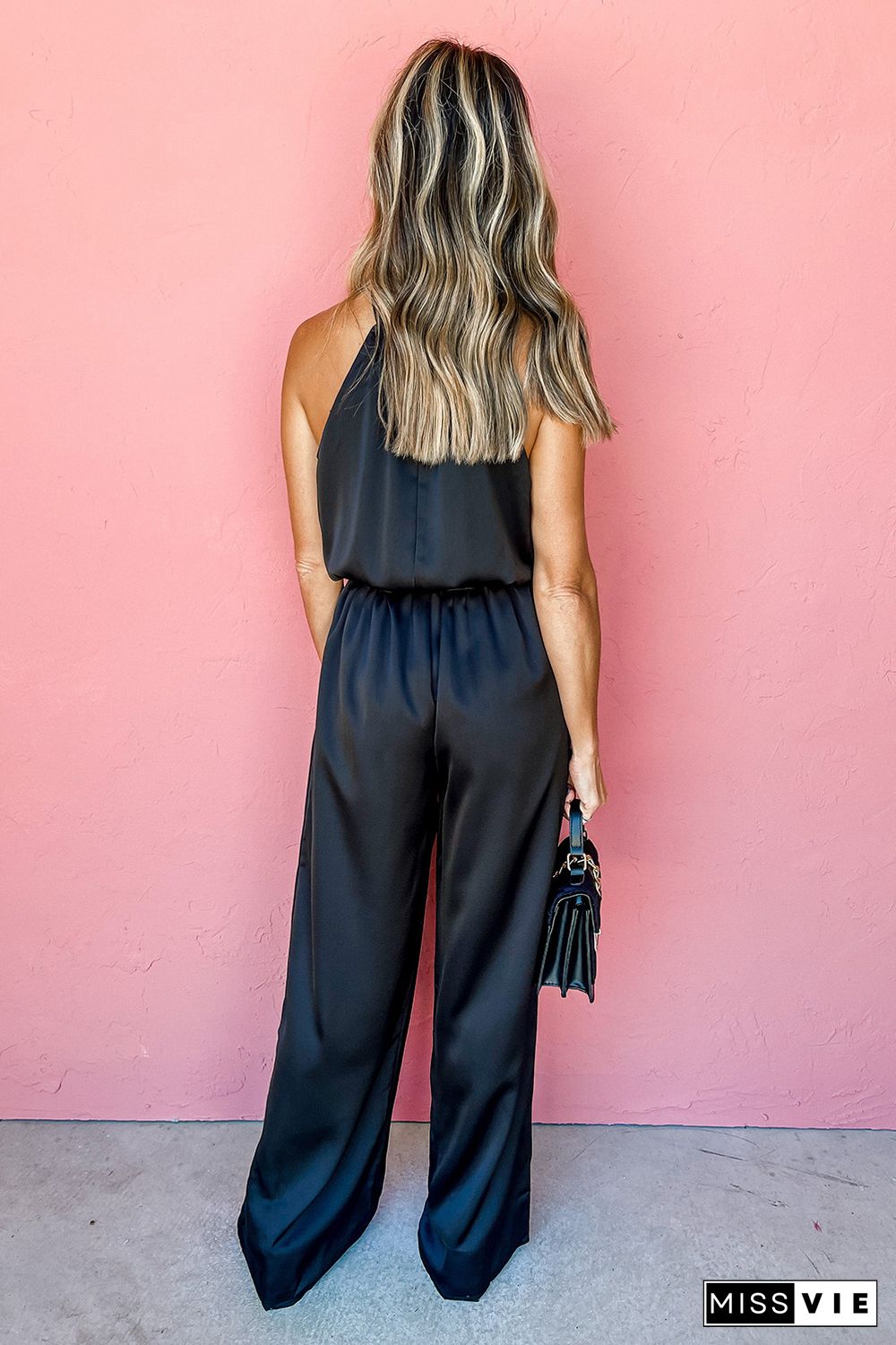 Black Halter Neck Sleeveless Wide Leg Jumpsuit with Belt