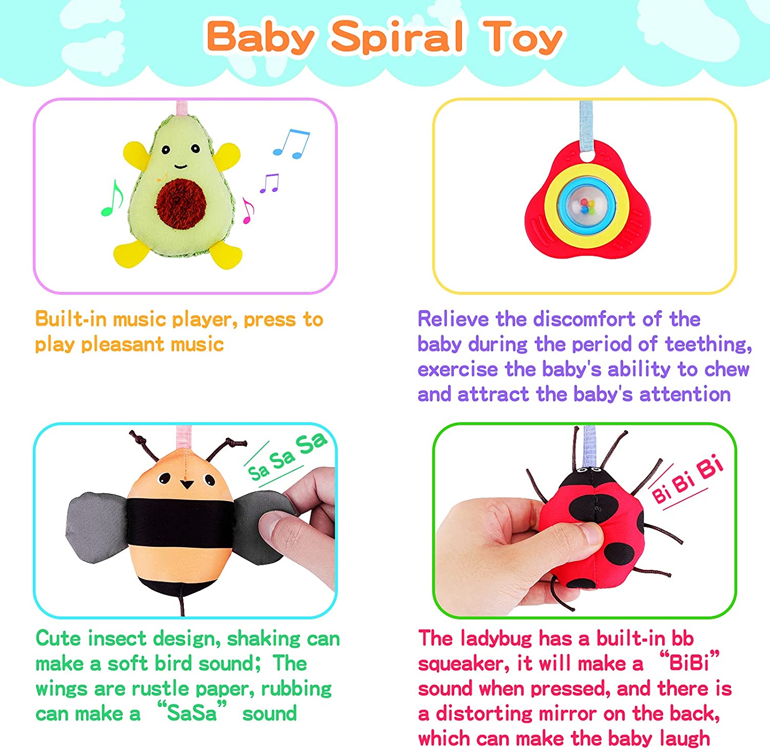 Baby Car Seat Stroller Toys - Baby Spiral Toys Babies Car Seat Toy Infant Crib Hanging Toys Rattle Activity Toys for Stroller Newborn Stroller Toys for Kids Boys Girls 0-12 Months