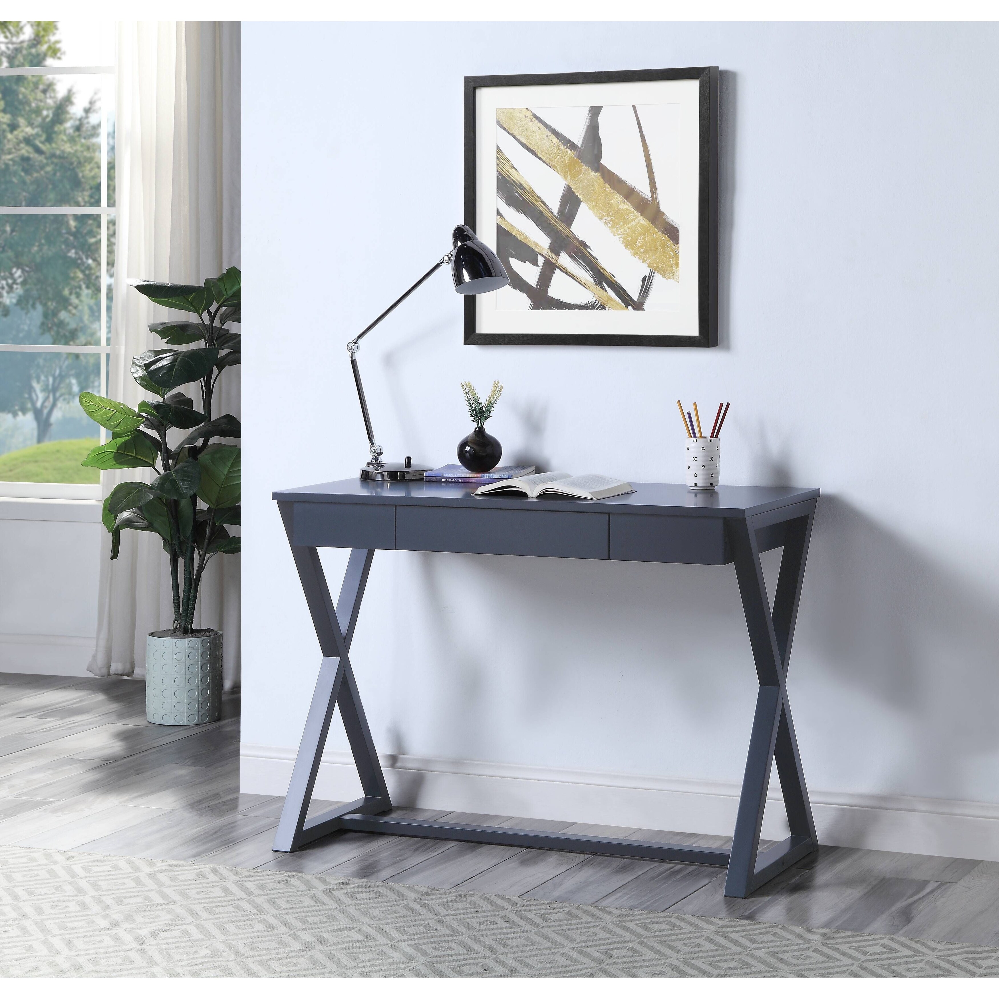 Nalo Console Table in Black Finish with Rectangular Table Top and X Shape Wooden Base for Entryway， Living Room