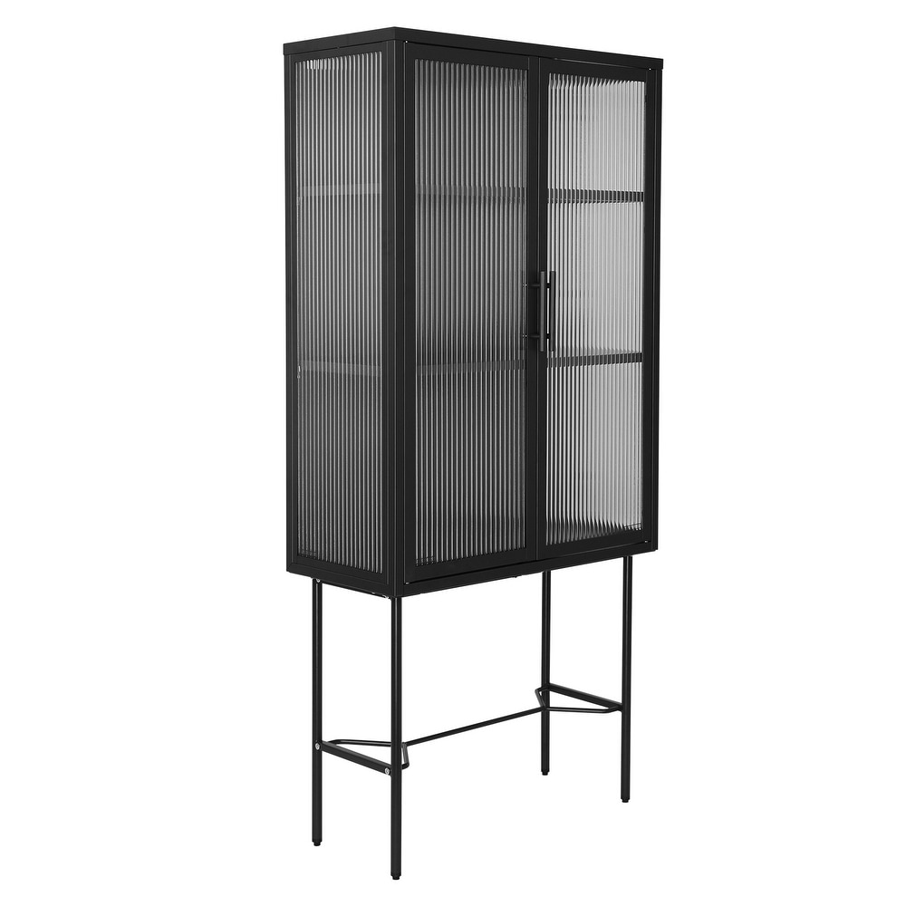 Elegant Floor Cabinet with 2 Tampered Glass Doors Living Room Display Cabinet