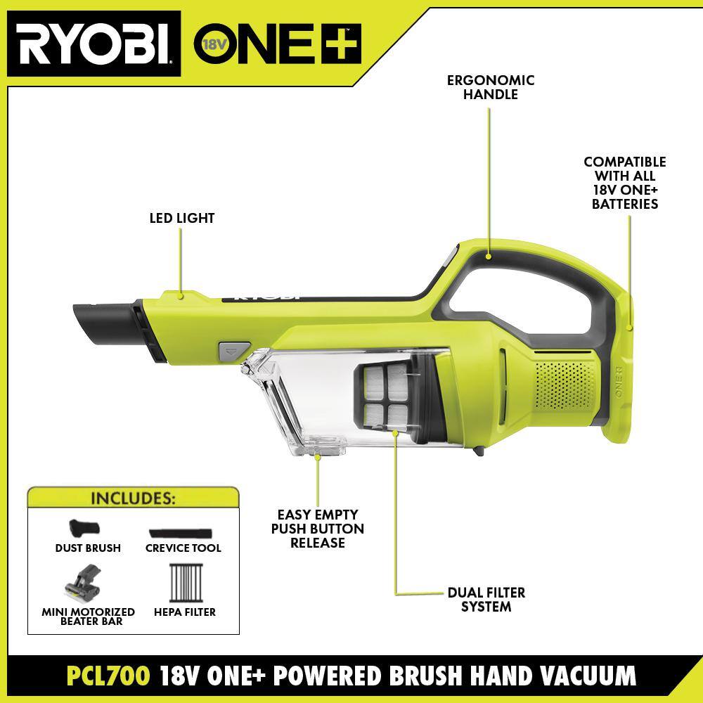 RYOBI ONE+ 18V Cordless Hand Vacuum with Powered Brush (Tool Only) PCL700B