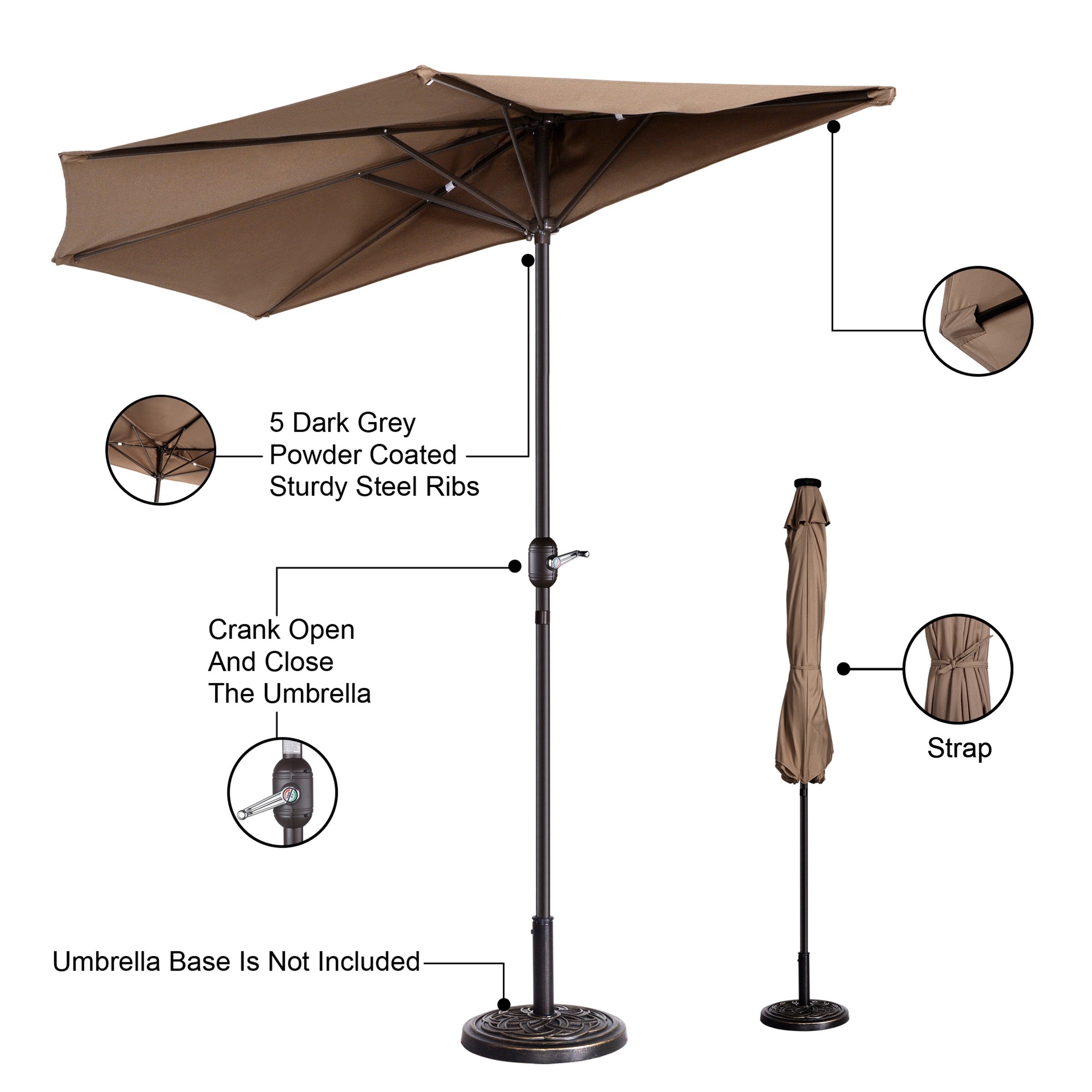 Villacera Outdoor Patio Half Umbrella, 9 ft. Steel, Brown