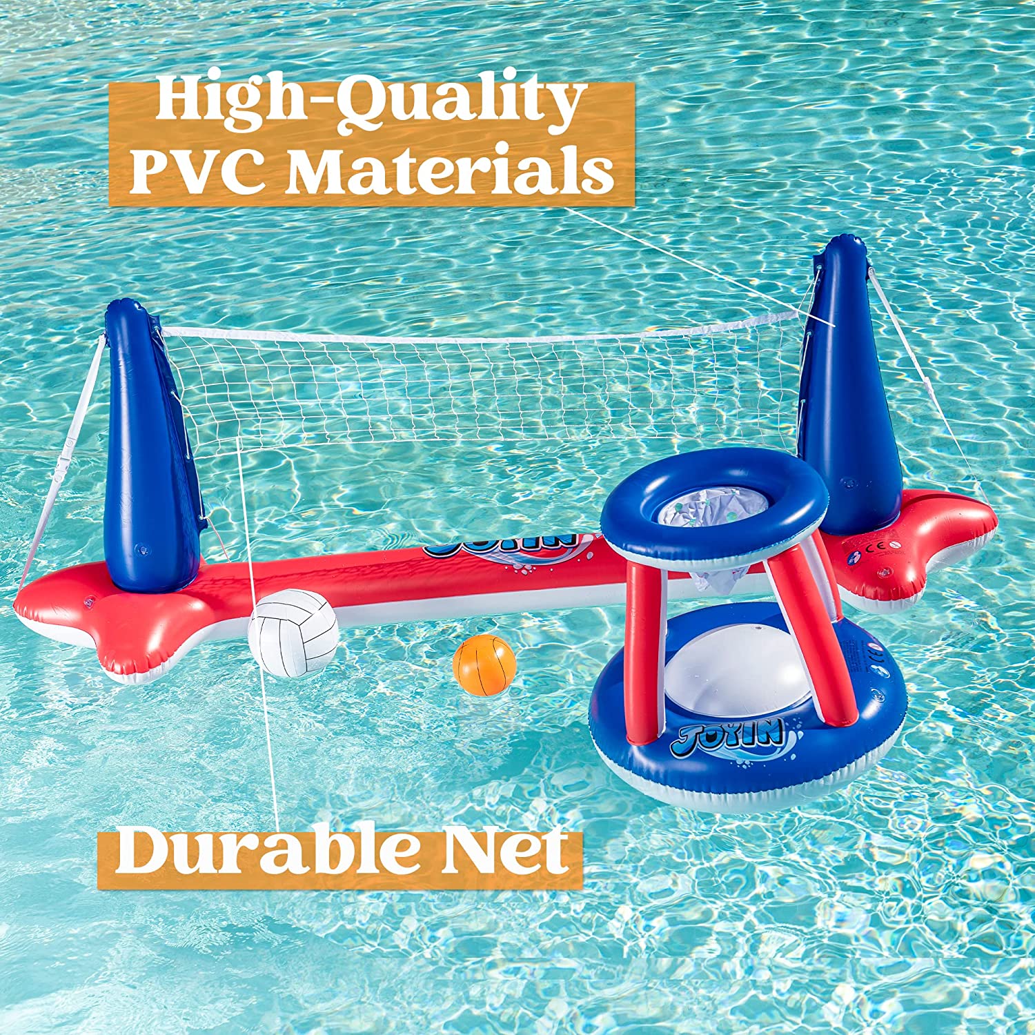 Clearance - Inflatable Volleyball Net & Basketball Hoops Red & Blue Pool Float Set