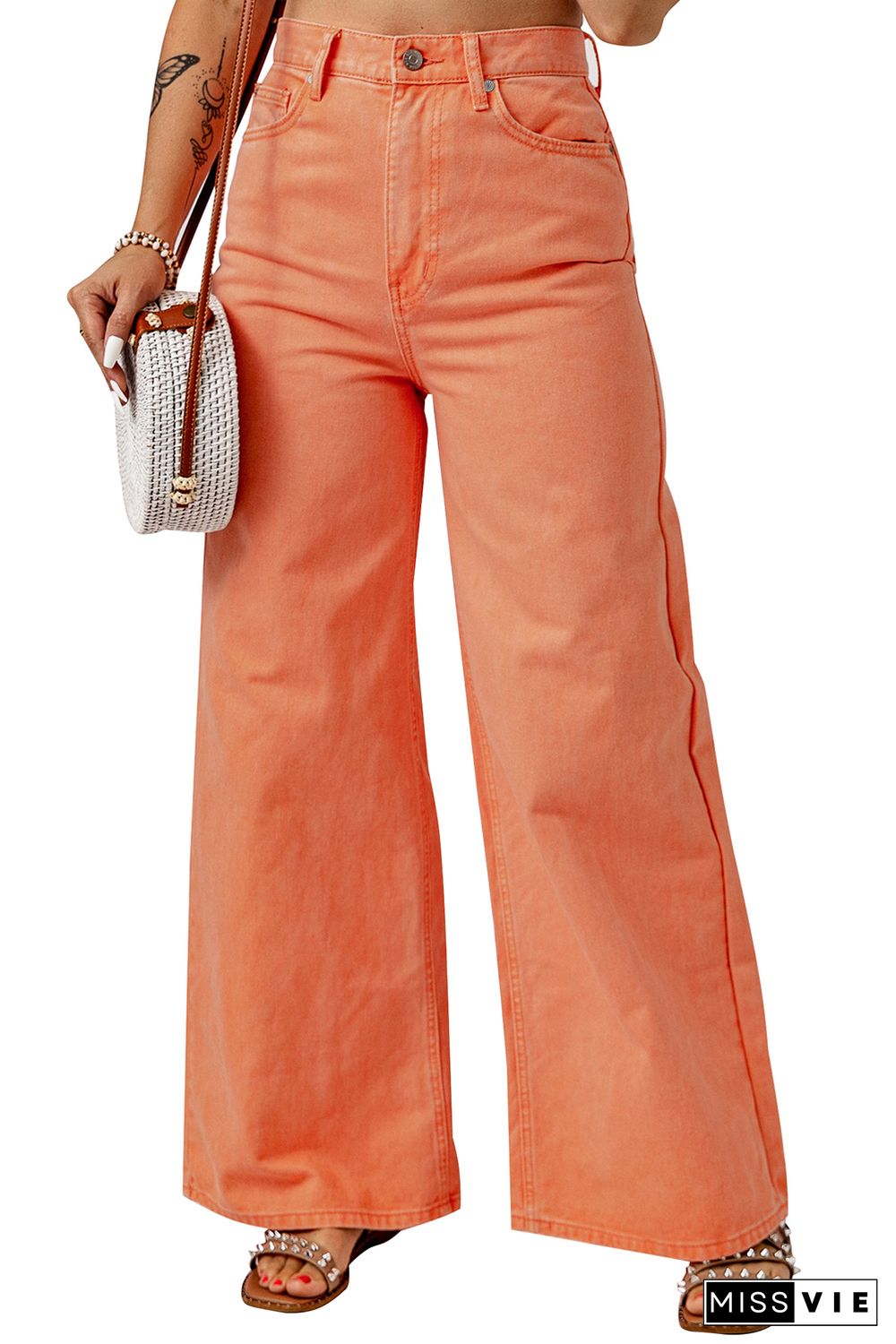 Orange Acid Wash High Waist Wide Leg Jeans