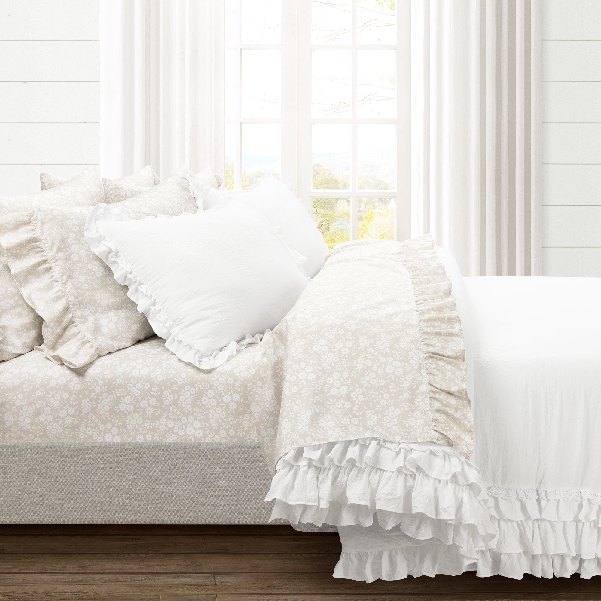 Bedding Bundle: Garden Of Flowers Ruffle Sheet Set + Ella Ruffle Lace Comforter Set