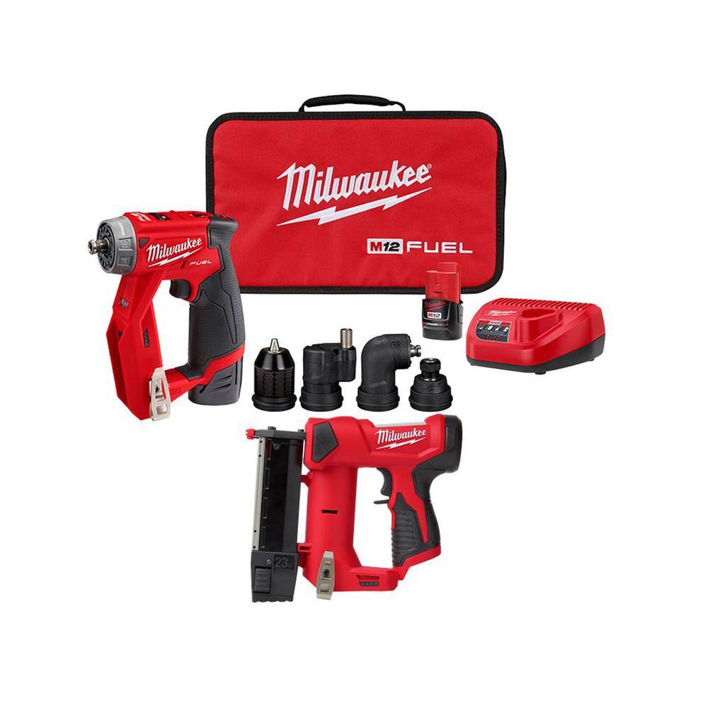 MW M12 FUEL 12V Cordless 4-in-1 Installation 38 in. Drill Driver Kit with M12 23-Gauge Lithium-Ion Cordless Pin Nailer 2505-22-2540-20