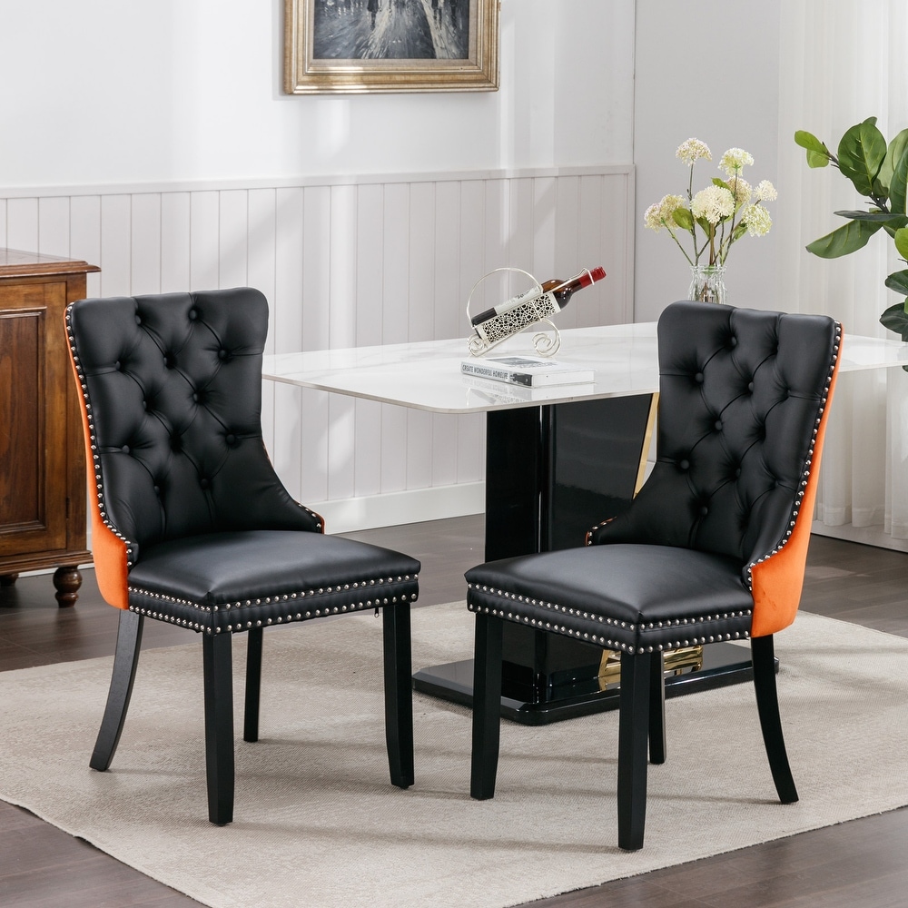 Tufted Solid Wood PU and Velvet Upholstered Dining Chair with Nailhead Trim 2 Pcs Set