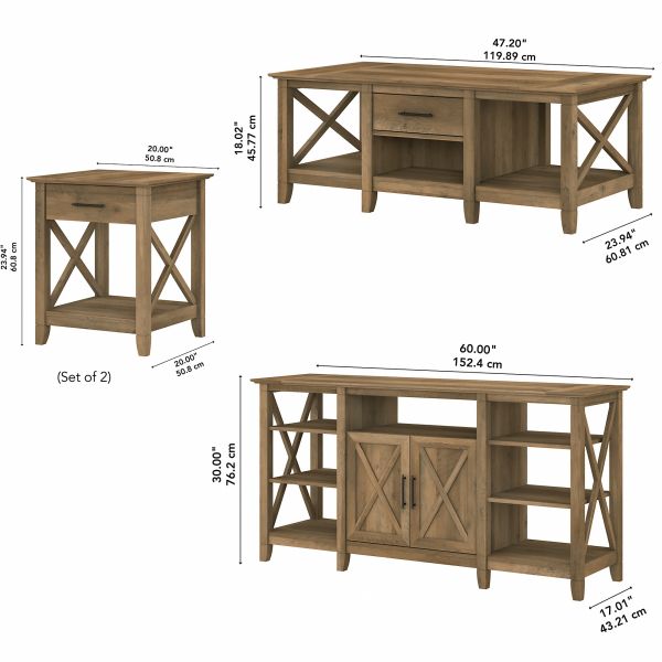 Bush Furniture Key West Tall TV Stand with Coffee Table and Set of 2 End Tables in Reclaimed Pine