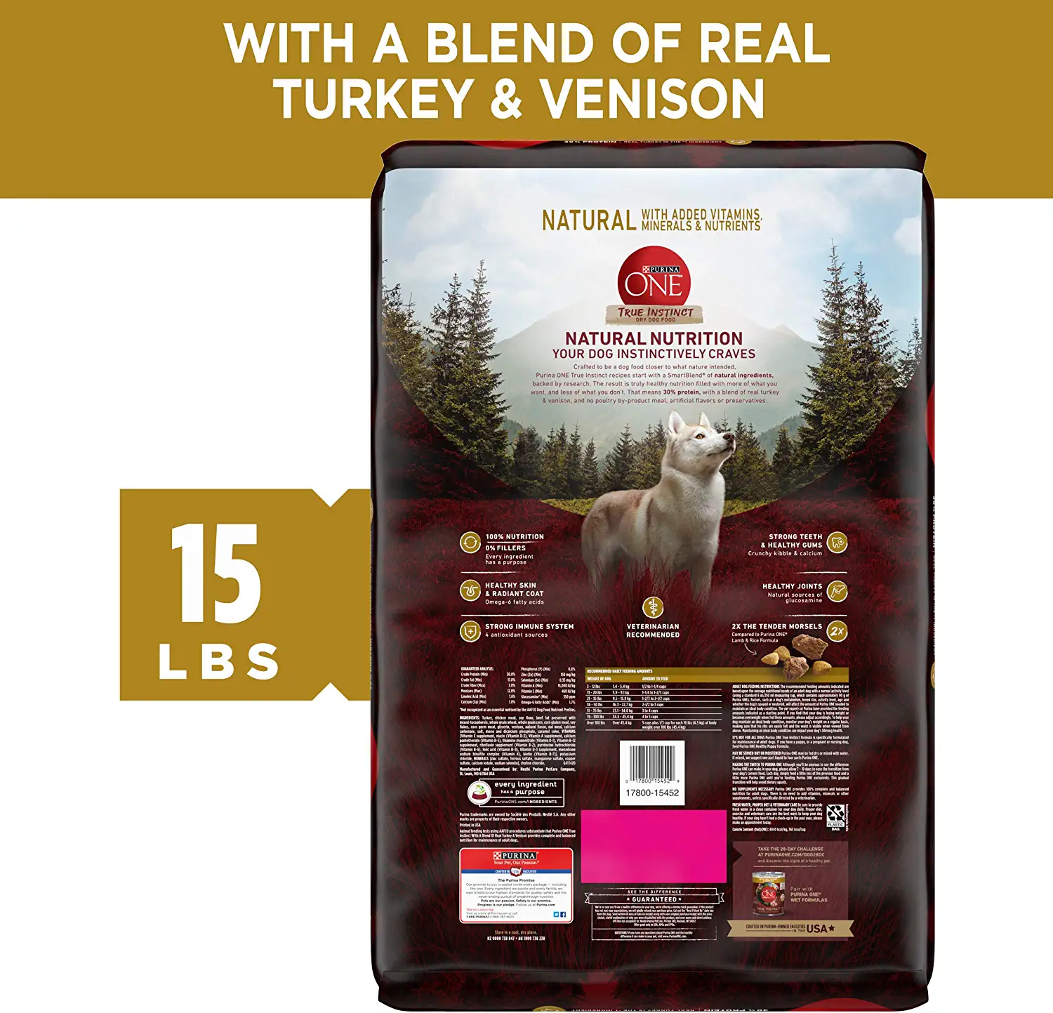 Purina ONE High Protein Natural Dry Dog Food True Instinct With Real Turkey and Venison 15 lb. Bag