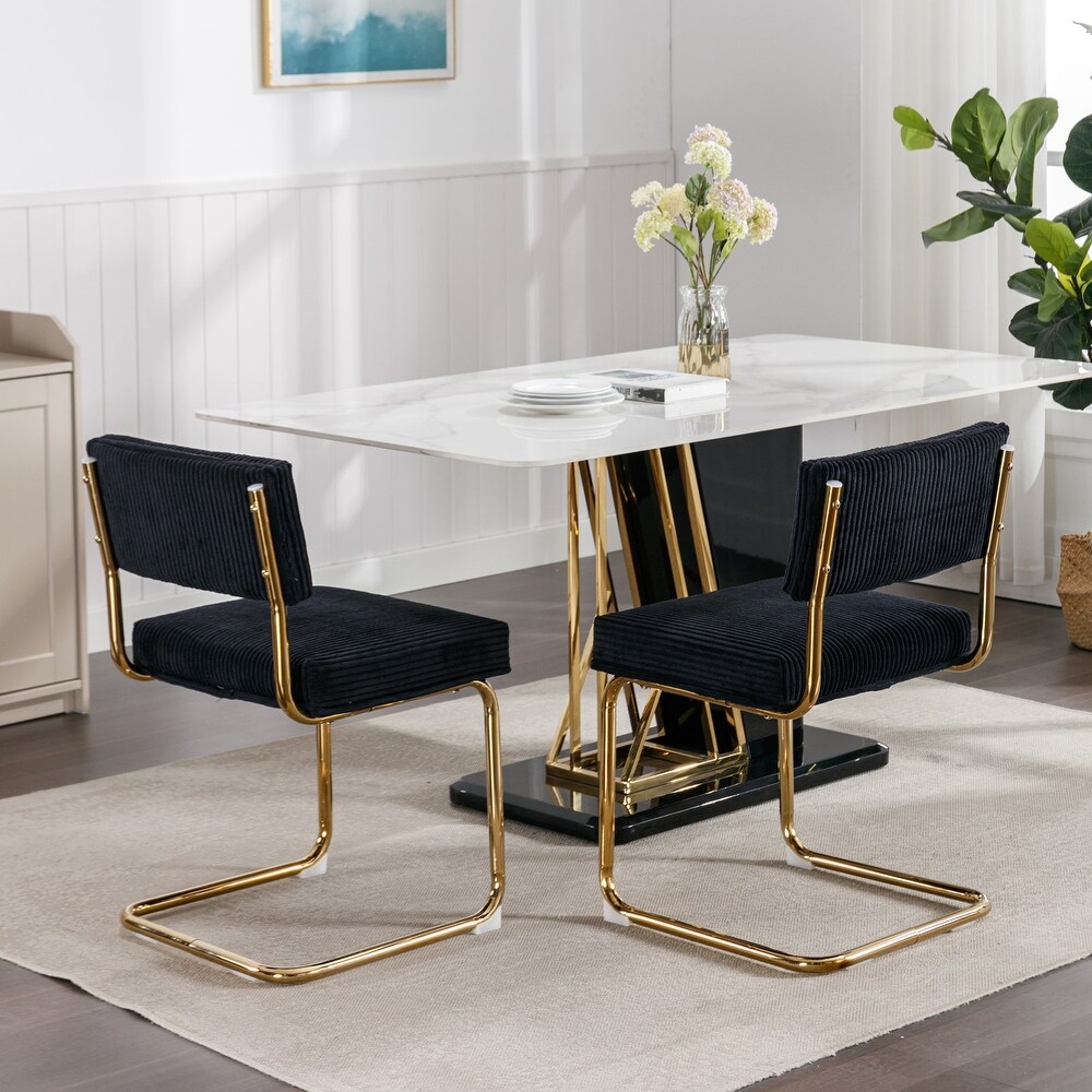 Modern Dining Chairs with Corduroy Fabric Gold Metal Base  Accent Armless Kitchen Chairs with Channel Tufting Set of 2