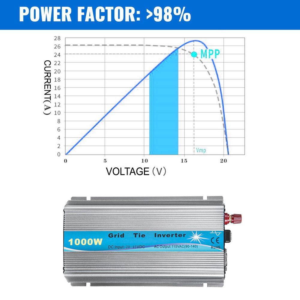 VEVOR Grid Tie Solar Inverter 1000-Watt MPPT Power Converter DC20 to 45-Volt to AC90 to 140-Volt for Solar Panel System BWNBQGWV1000W1101V1