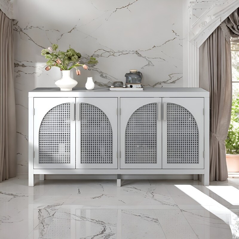 Wooden Storage Cabinet with Rattan Door and Metal Handles  Sideboard for Living Room and Entryway  Grey