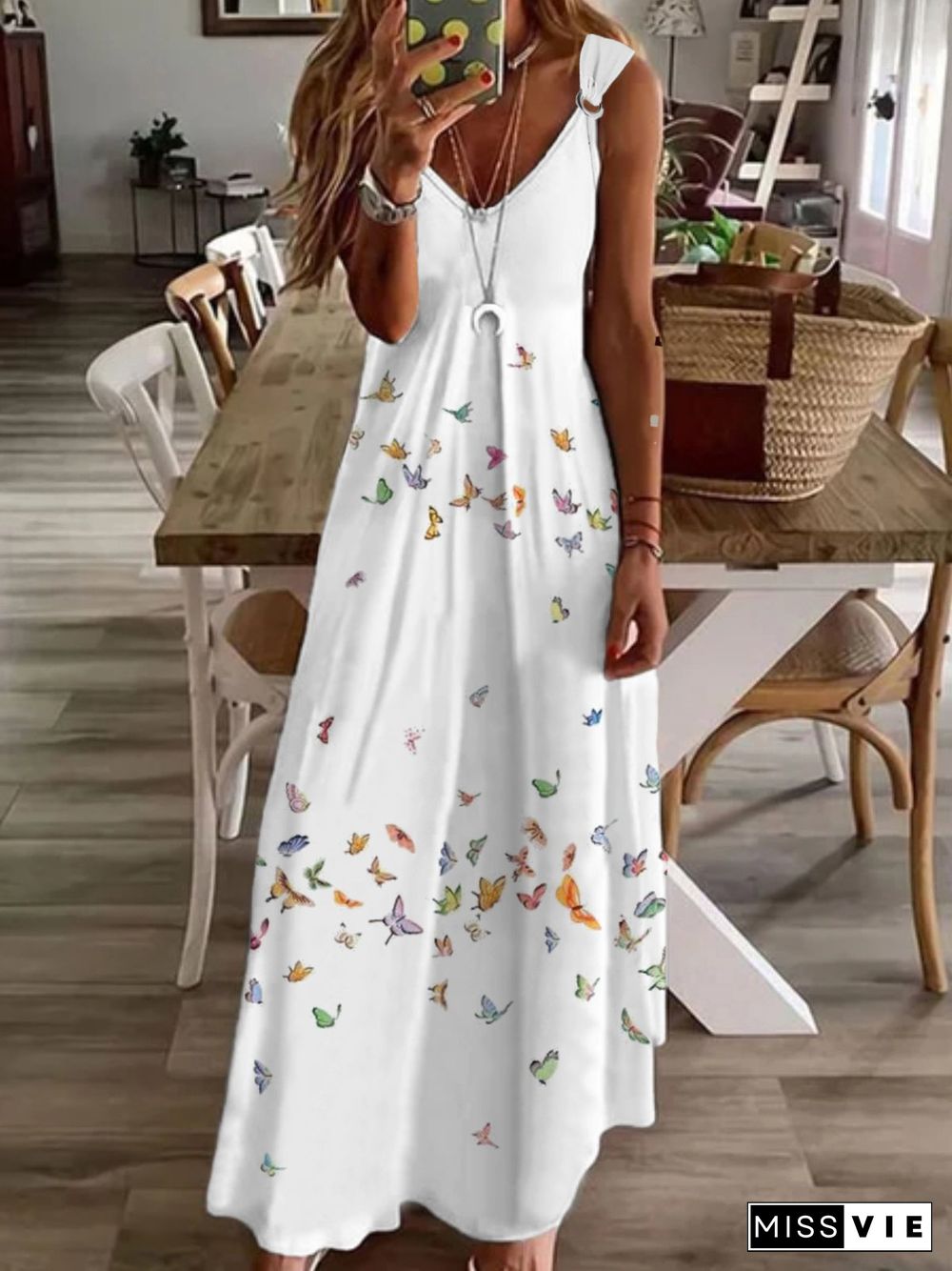 Casual Butterfly Sleeveless V Neck Plus Size Printed Dress