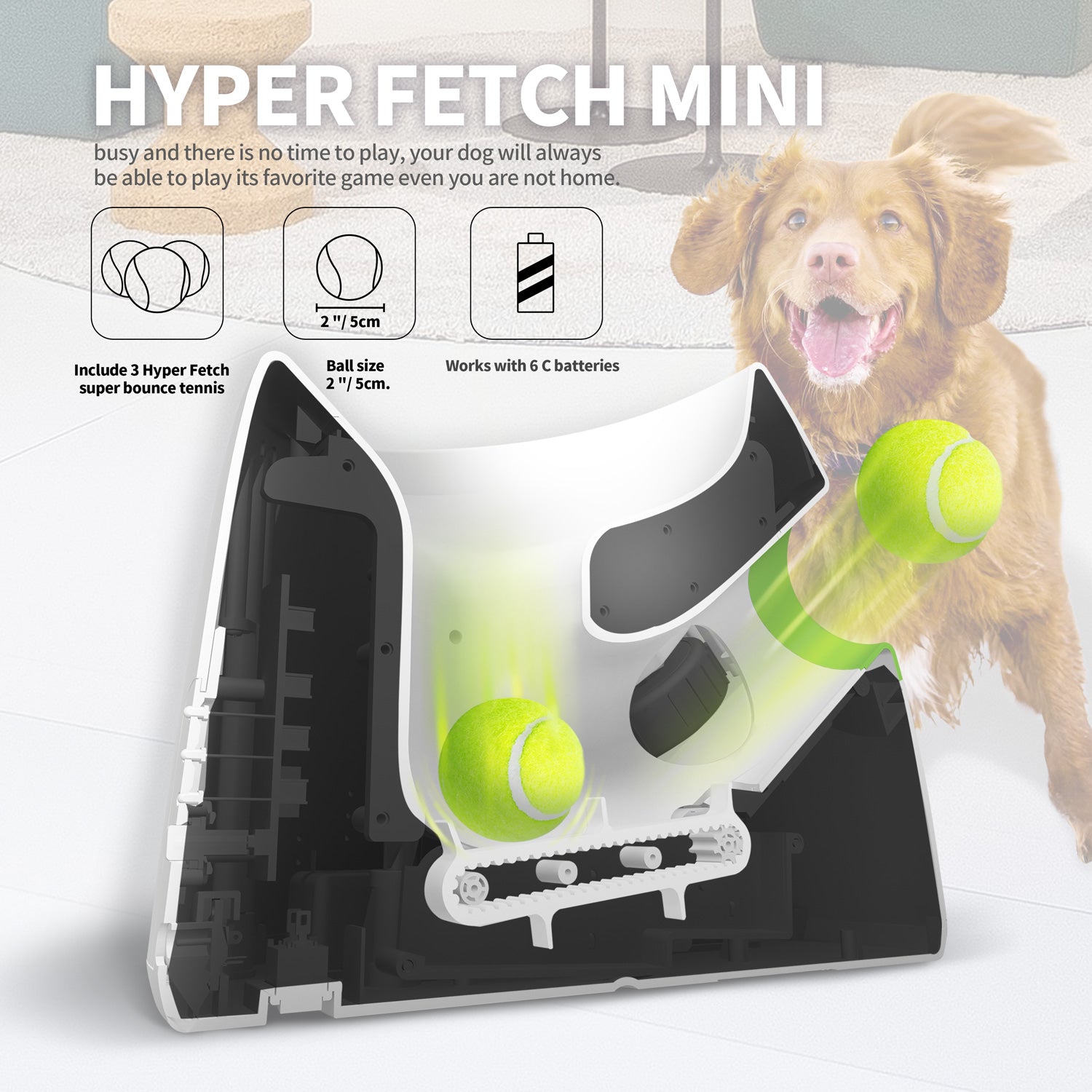 All For Paws Hyper Fetch Automatic Tennis Ball Launcher for Puppies and Small Dogs， 3 Balls Included