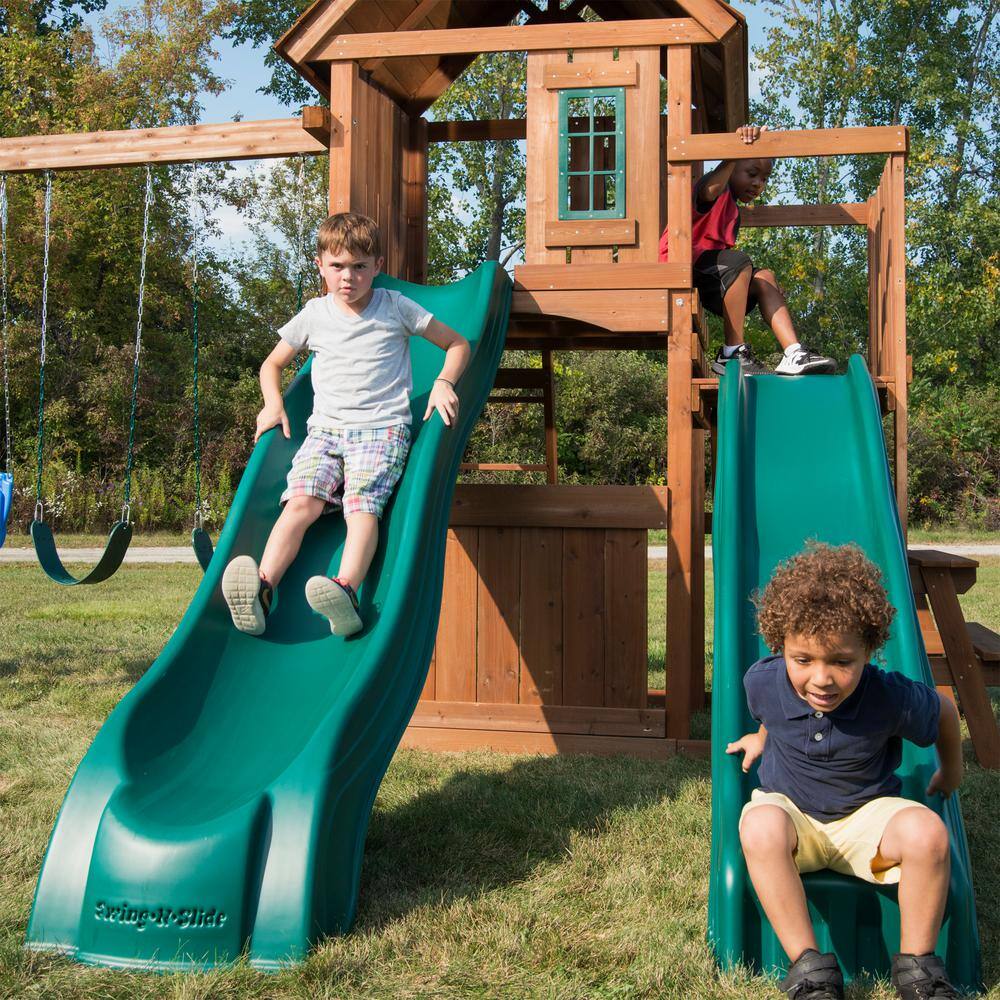 Swing-N-Slide Playsets KnightsBridge Deluxe Complete Wooden Outdoor Playset with Slides Swings and Backyard Swing Set Accessories WS 8353