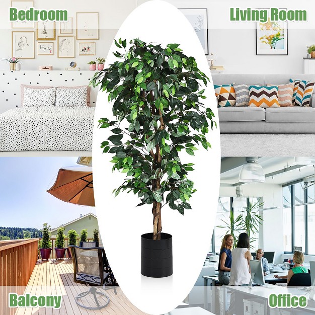 Costway 6 Ft Artificial Ficus Silk Tree Home Living Room Office Decor Wood Trunks