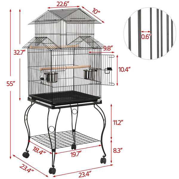 generic Triple Roof Rolling Bird Cage with Stand Perch， Large， Metal， Black