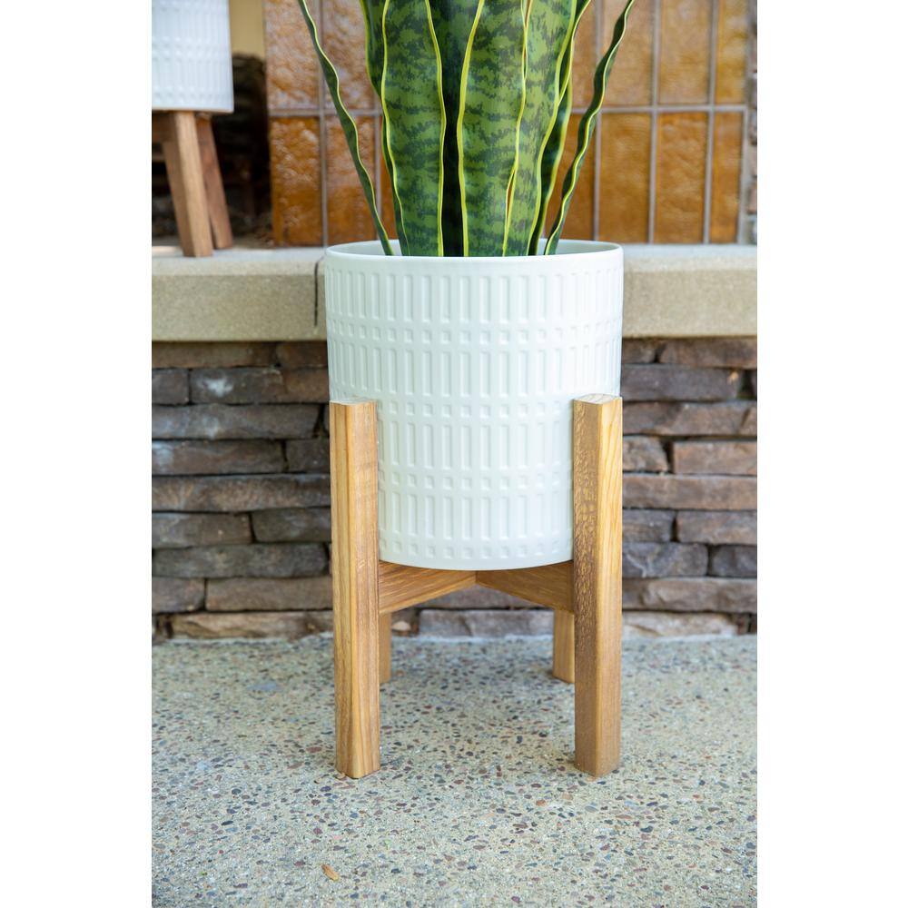 Vigoro 10 in. Corrine Medium White Ceramic Planter (10 in. D x 16 in. H) with Wood Stand CT740L-MTWH