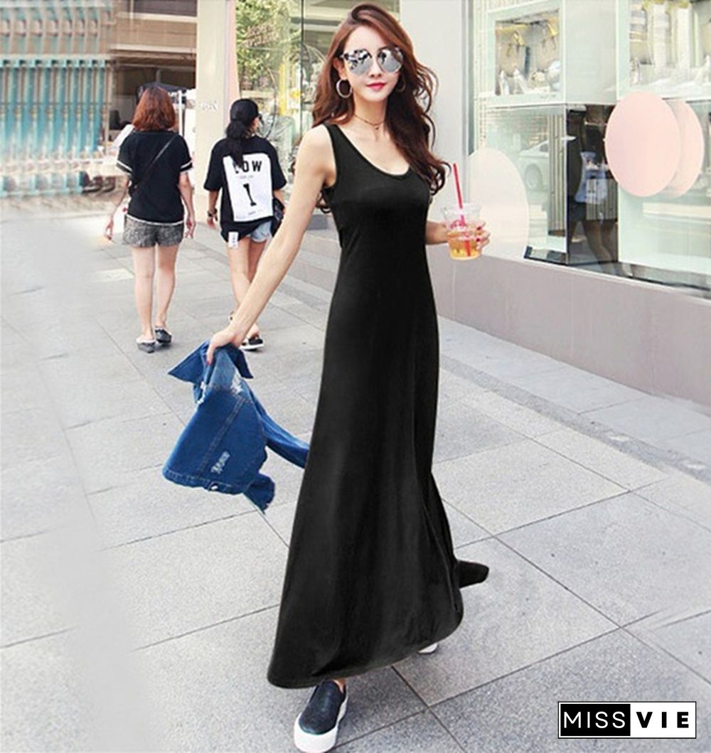 Hot Sale Summer Korean Version Of Modle Double Uv Collar Fork Fork Long Skirt Sleeveless Slim