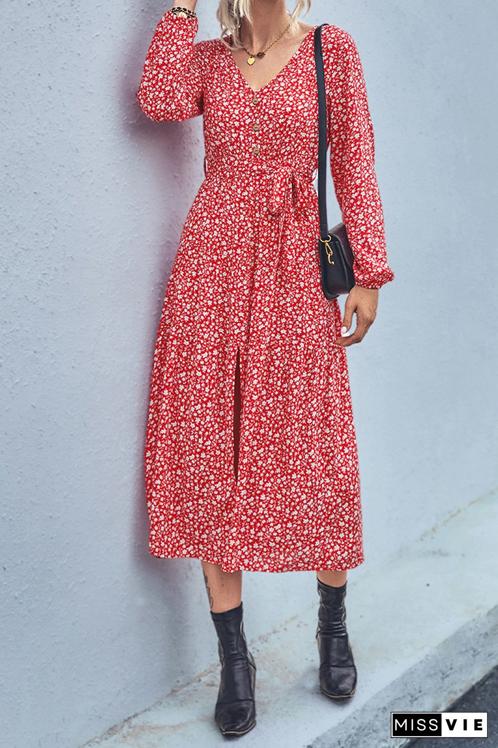 V Neck Button Down High Waist Split Floral Dress