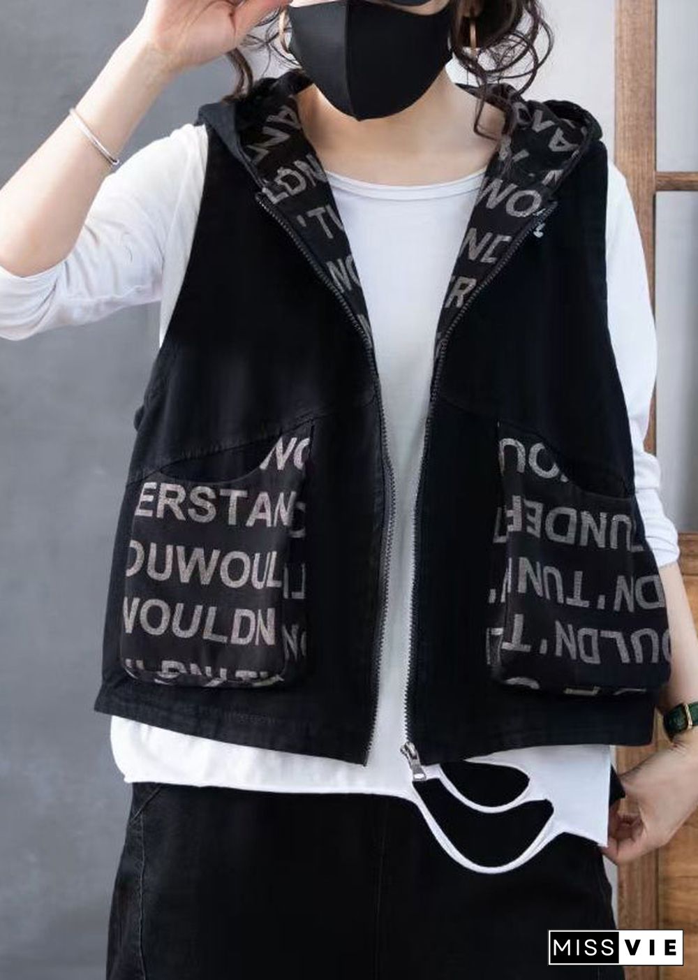 Women Green Zippered Print Hooded Denim Waistcoat Sleeveless