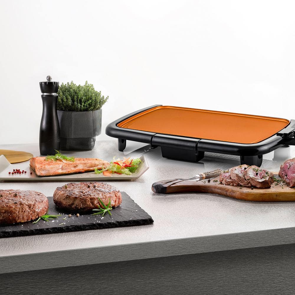 OVENTE 16 in. x 10 in. Electric Griddle Copper with Non-Stick Cast Iron Cooking Plate and Removable Drip Tray GD1610CO