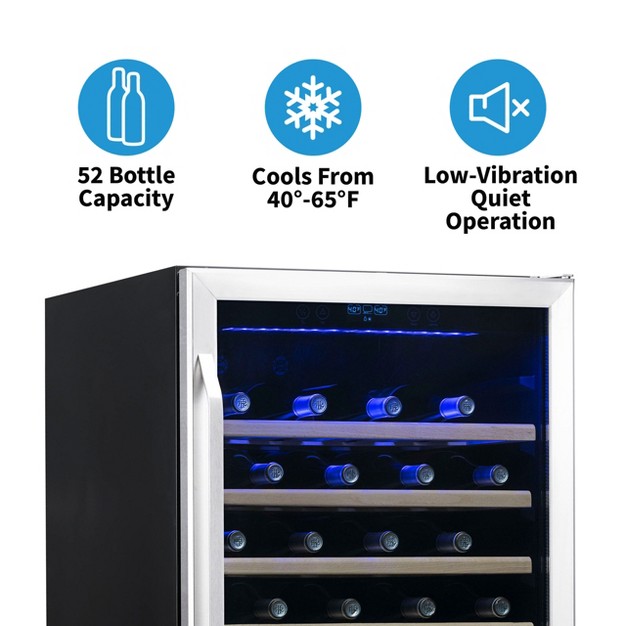 Built in 52 Bottle Compressor Wine Fridge In Stainless Steel With Precision Digital Thermostat And Premium Beech Wood Shelves