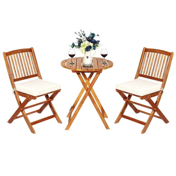 Costway 3PCS Patio Folding Wooden Bistro Set Cushioned Chair