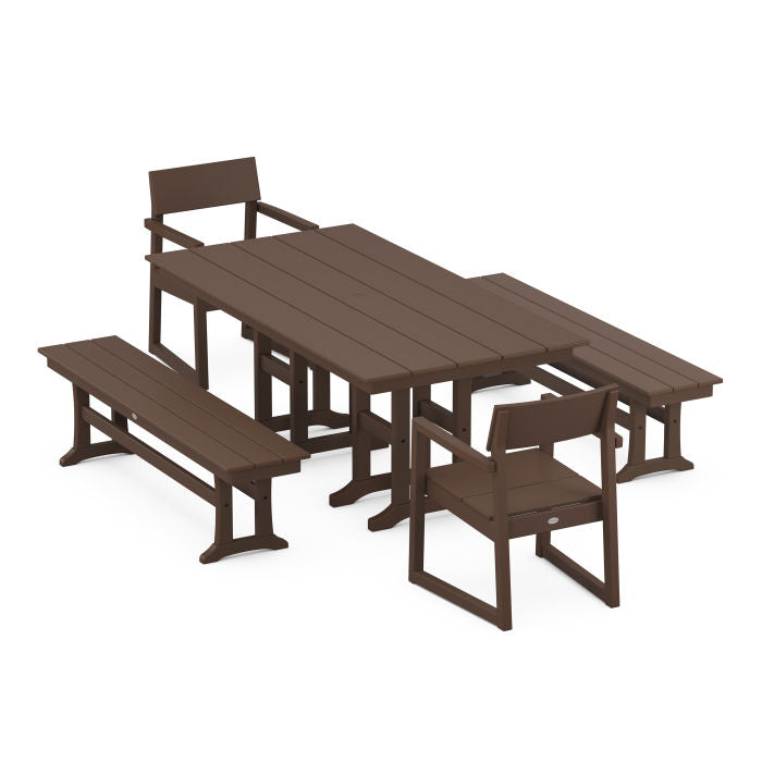 Polywood EDGE 5-Piece Farmhouse Dining Set with Benches PWS1177-1