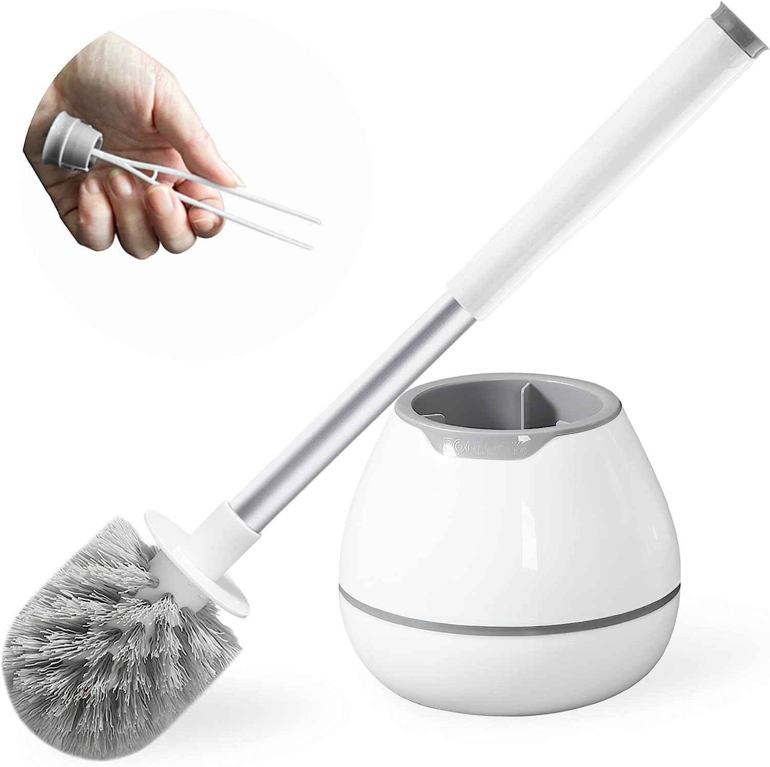 BOOMJOY Toilet Brush and Holder Set, Silicone Bristles Bathroom Cleaning Bowl Brush Kit with Tweezers, Bathroom Accessories with Aluminum Handle - White