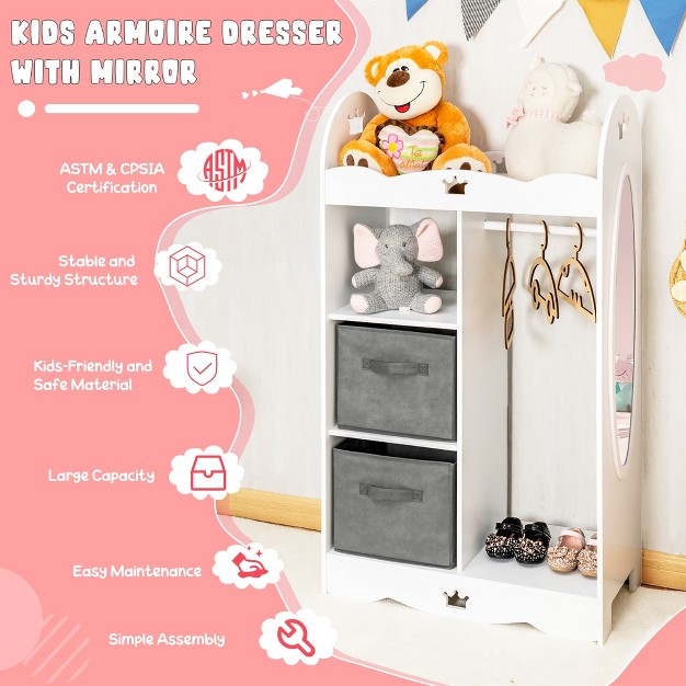 Costway Kids Dress Up Storage Hanging Armoire Dresser Costume Closet W mirror amp Toy Bins