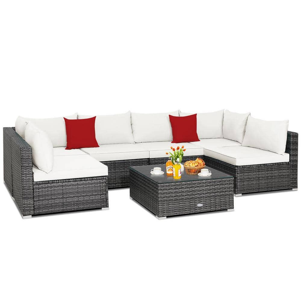 Costway 7-Piece Patio Rattan Furniture Set Sectional Sofa Cushioned Off White HW70439WH+