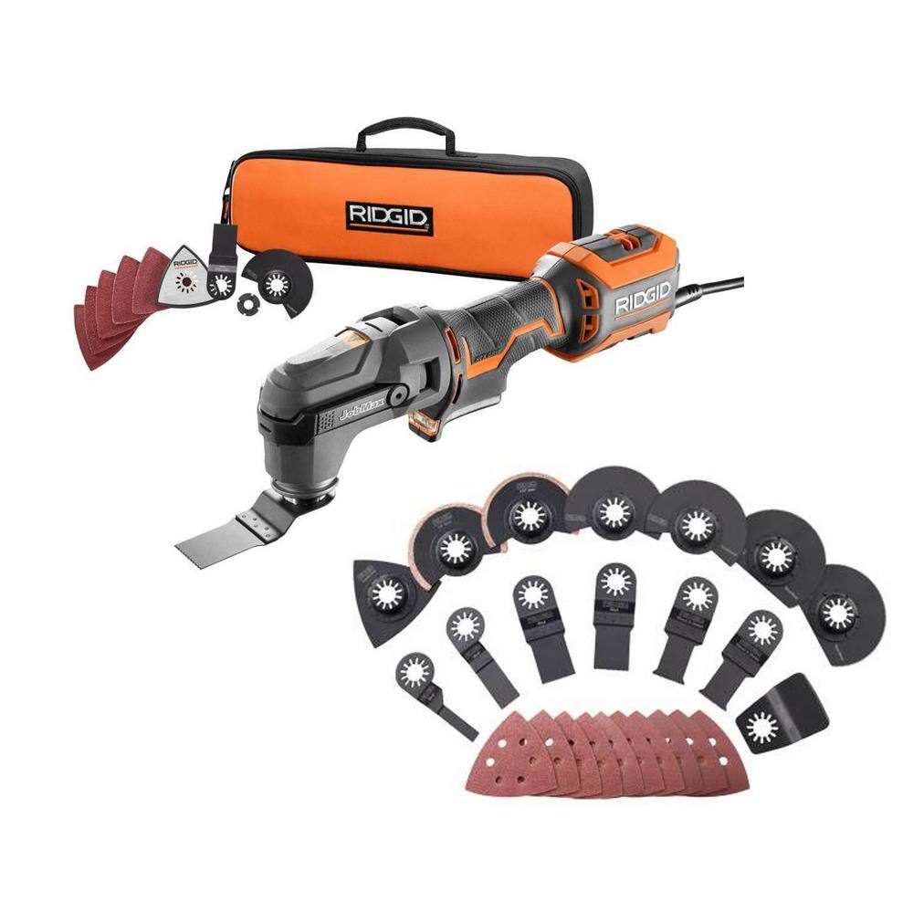 RIDGID 4 Amp Corded JobMax Multi-Tool with Tool-Free Head with JobMax Oscillating Multi-Tool Blade Accessory Kit (14-Piece) R28602-AC24J14