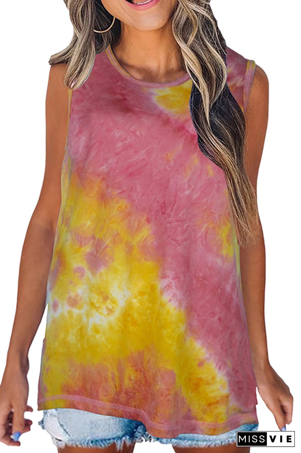 Rose Red Tie-Dye Round Collar Tank Top