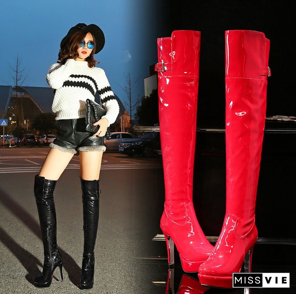 New women's shoes Patent Leather Sexy Thigh High Heel Boots Winter Women Over The Knee Boots Plus Size Shoes Platform Zipper Red Black Color