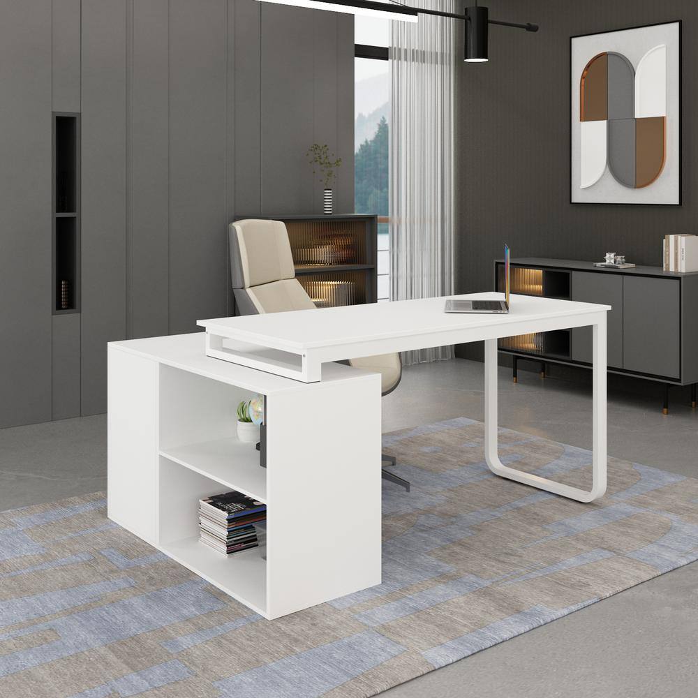 FUFUGAGA L-Shaped Wooden Computer Desk White Finish with 1 Drawer Open Shelves and Eco-Friendly Paint Finish 55.1 in. W LBB-KF210175-01