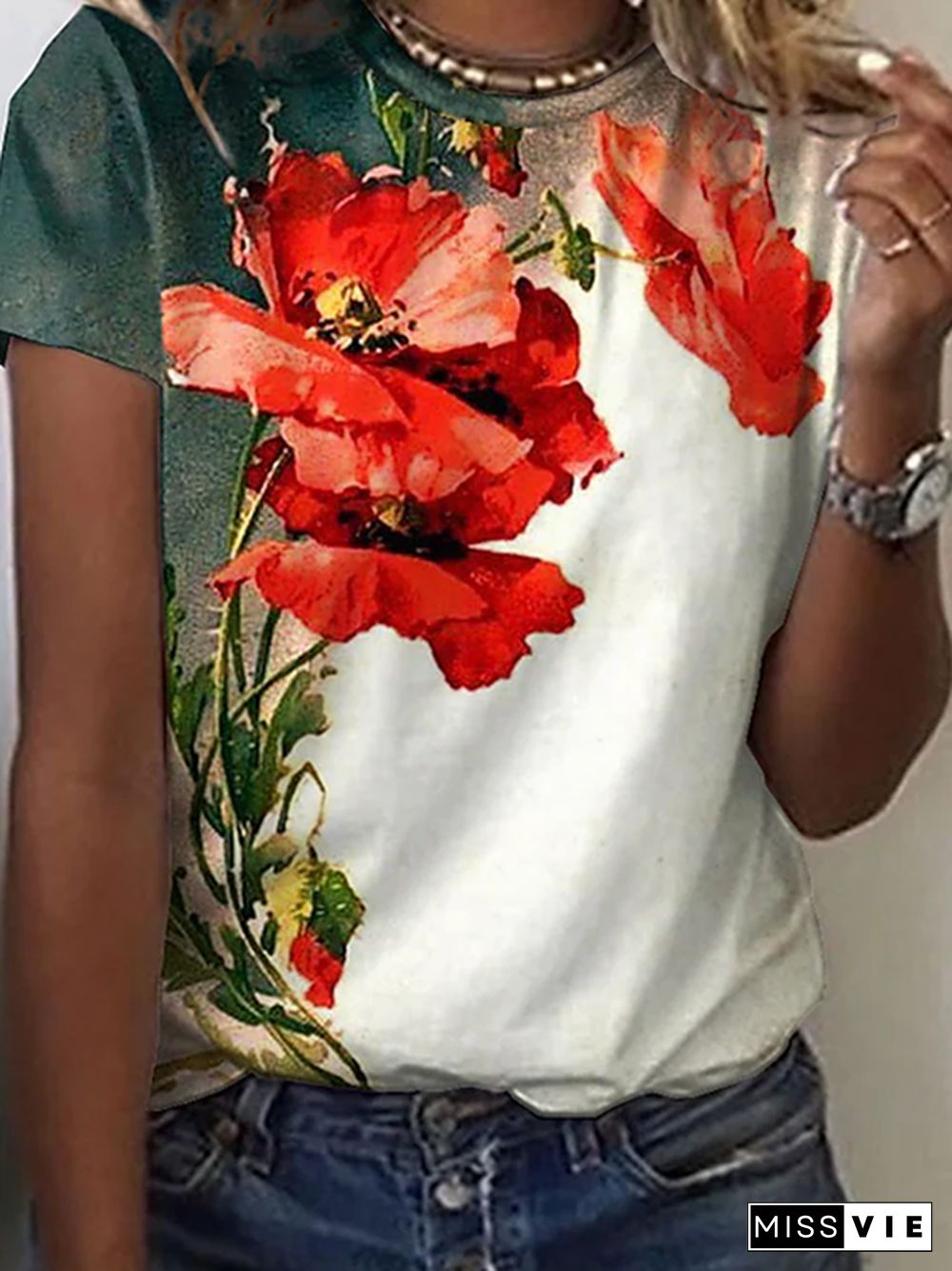 Floral Crew Neck Casual Short Sleeve T-Shirt