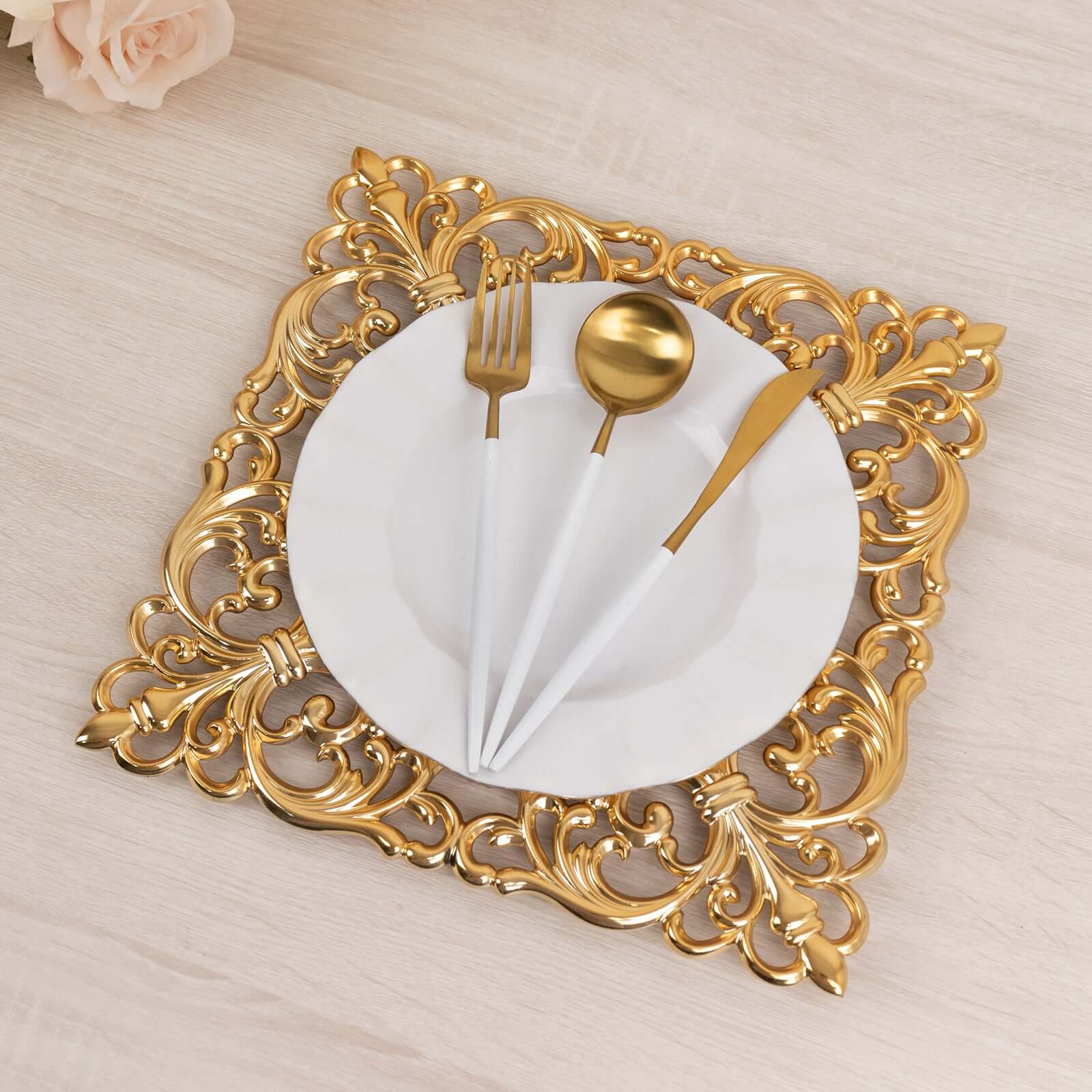 6 Pack Gold Square Acrylic Charger Plates with Hollow Lace Border, Dinner Chargers Event Tabletop Decor - 12