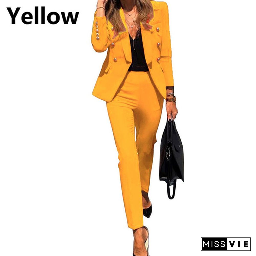 Women's Solid Color Suit Set Office Outfits Formal Work Blazer Jacket Pants Business