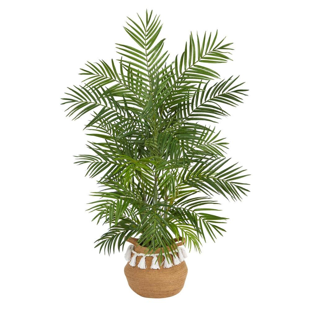 Nearly Natural 4 ft. Green Areca Artificial Palm in Boho Chic Handmade Natural Cotton Woven Planter with Tassels T2930