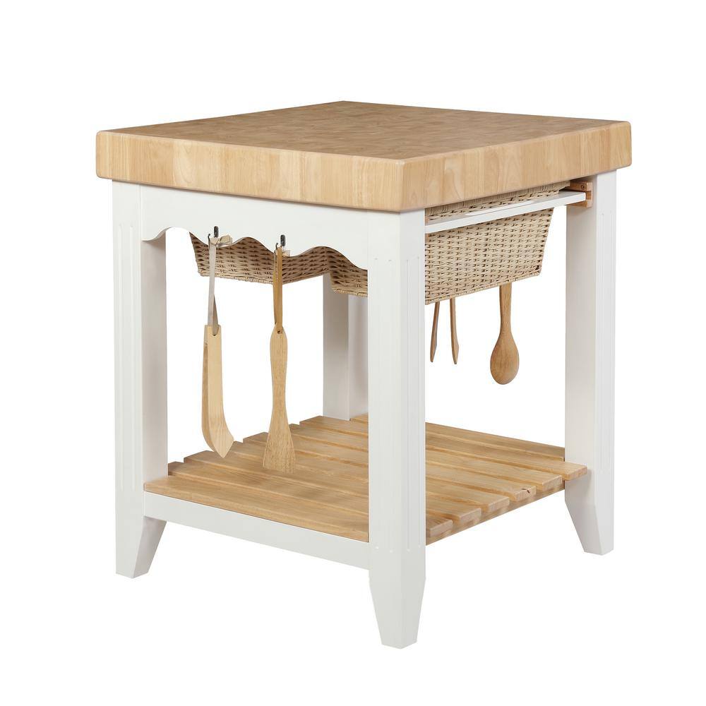 Powell Company Kolton White Kitchen Island with Butcher Block Style Top and Storage HD1225D19