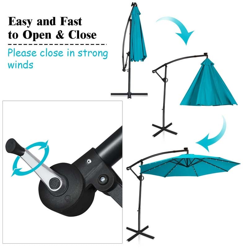 10 FT Patio Offset Umbrella with Solar Lights 360° Rotation Outdoor Market Umbrella with Crank Handle & Cross Base