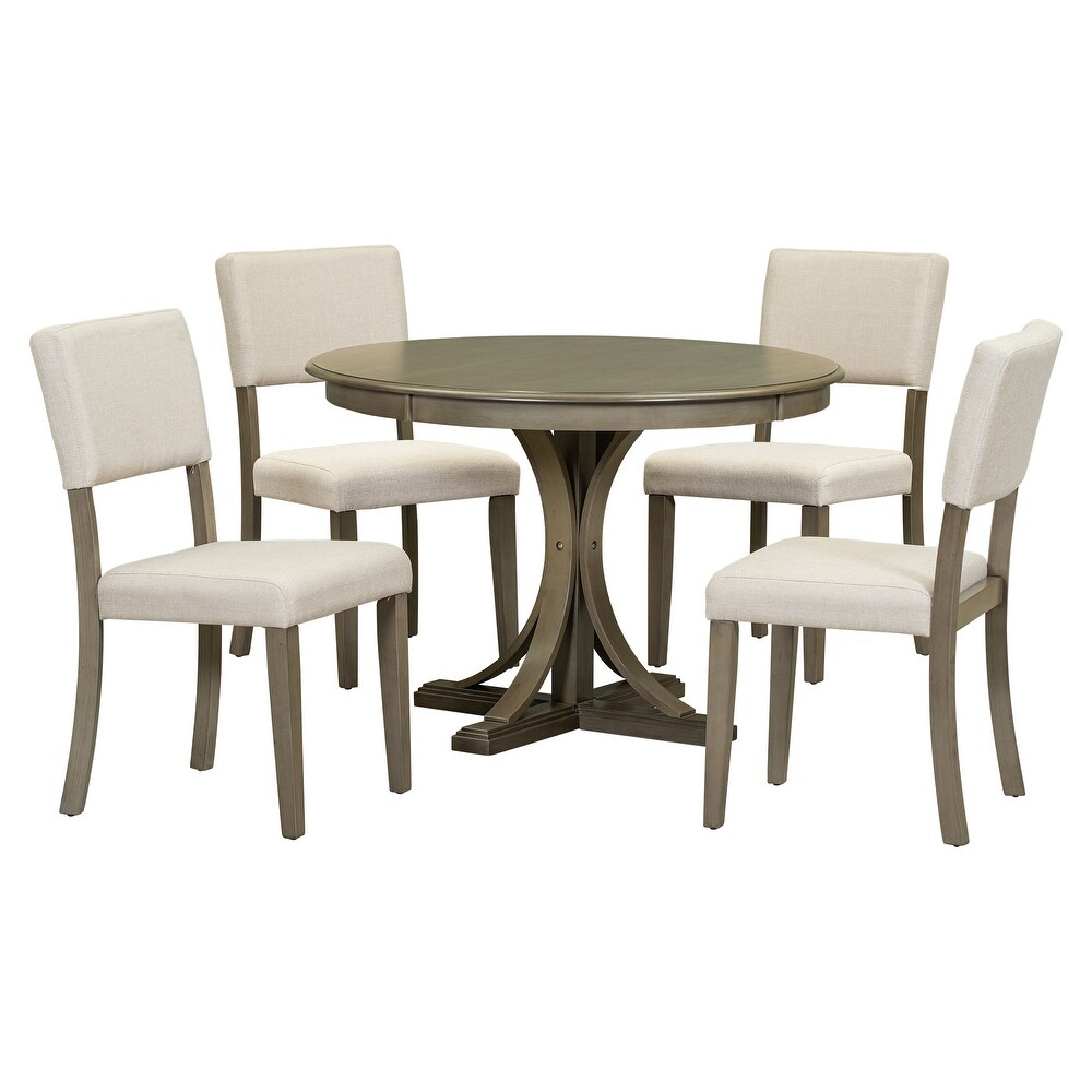 5 Piece Retro Round Dining Table Set with Curved Trestle Style Legs and 4 Upholstered Chairs  Kitchen Furniture