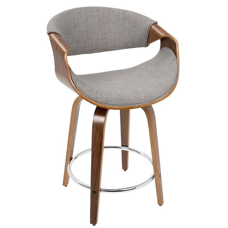 Set of 2 Walnut Wood and Light Gray Fabric Swivel Indoor Comfortable Counter Stools 34.75