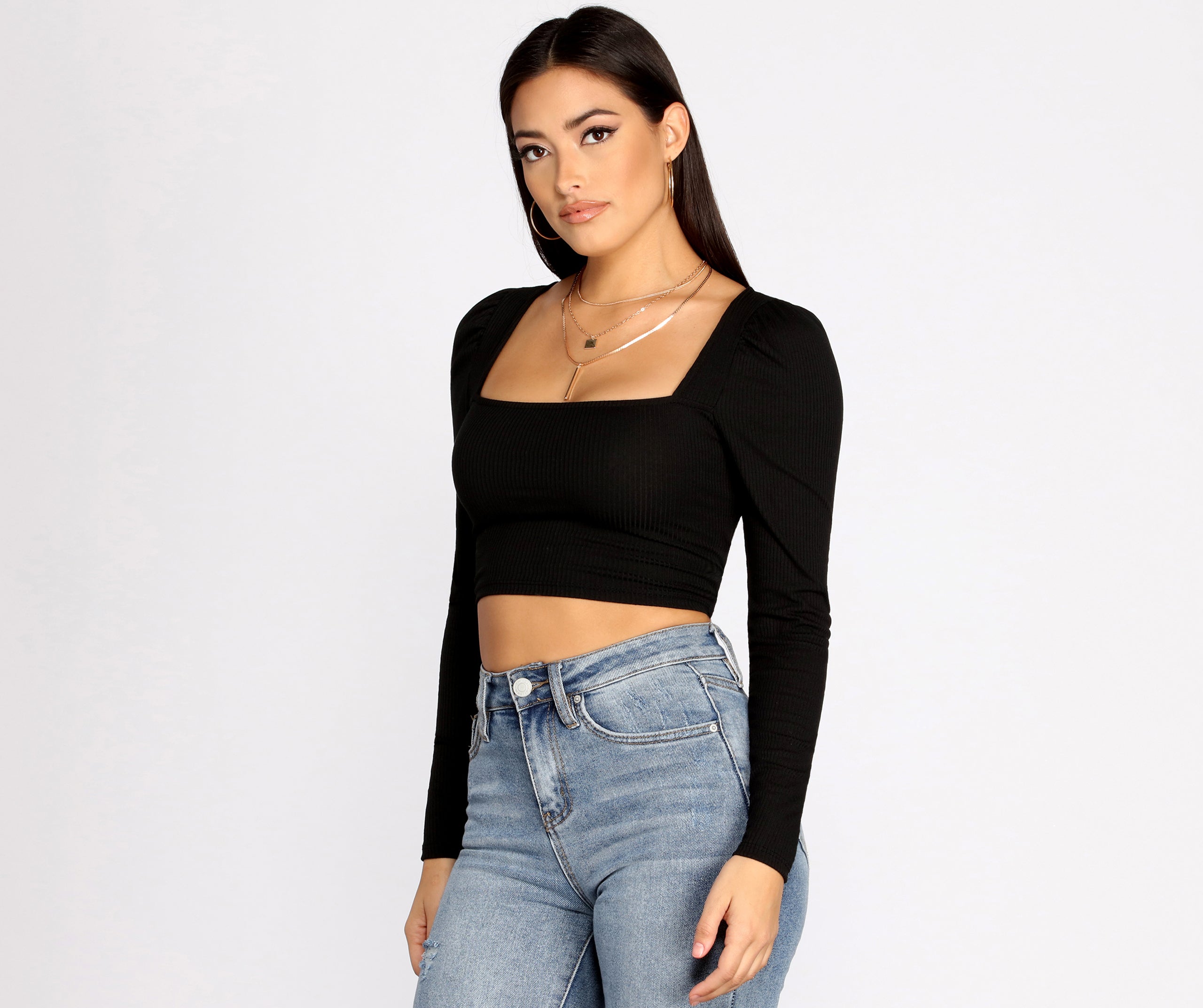 Cropped Ribbed Puff Sleeve Top