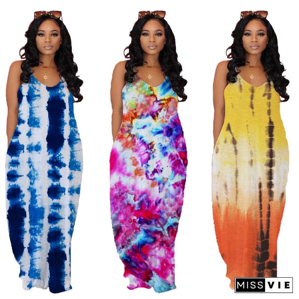 Loose Straps With Tie-Dye Prints With Pocket Maxi Dress