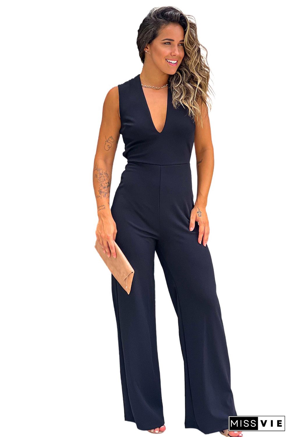 Black V Neck Crisscross Back Wide Leg Jumpsuit