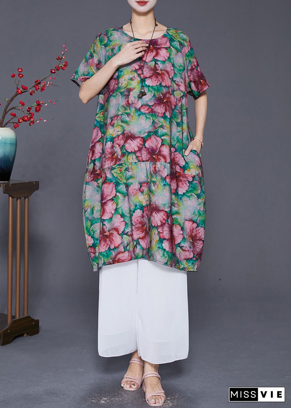 Elegant Slim Fit Floral Print Linen Holiday Dress Summer