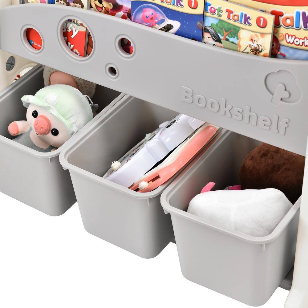 TIRAMISUBEST Gray Indoor Multi-Functional Kids Toy Storage Organizer with 3 Large Bins and 4 Bookshelves PPXY300103AAE