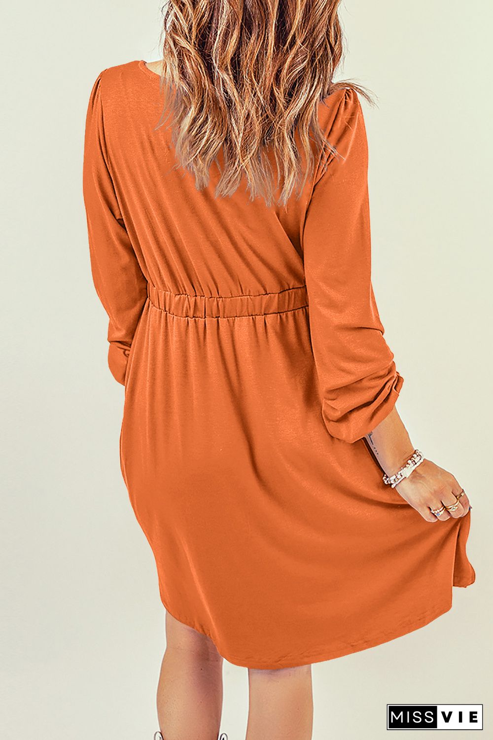 Orange Button Up High Waist Long Sleeve Dress